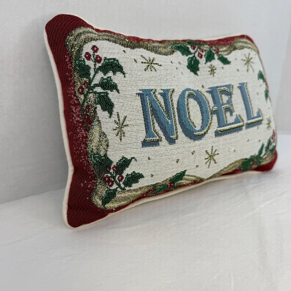 Vintage Christmas Noel Tapestry Throw Pillow Holly Berries Red 12x8‎